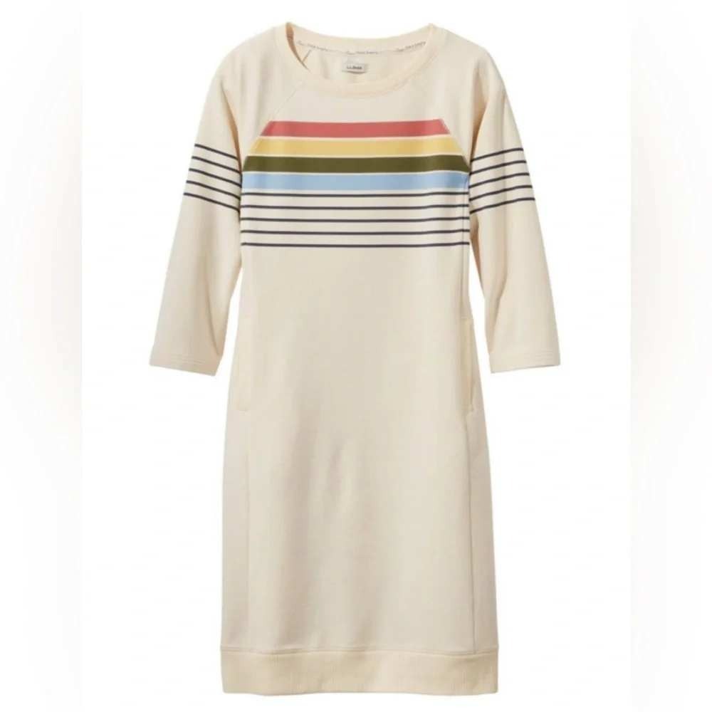 LL Bean dress jersey pocket sm rainbow stripe 3/4 sleeve summer daywear easy EUC